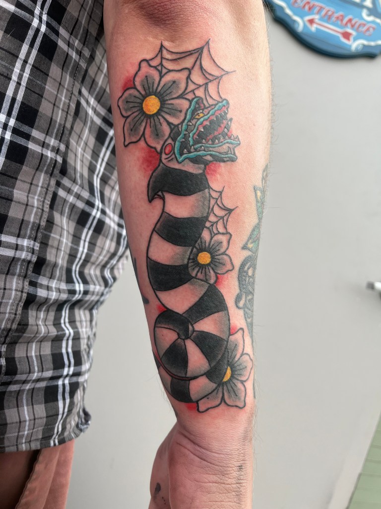 Decorative image to show artists tattoo work. Photograph of a freshly done tattoo on the back of a foerarm. The tattoo is of a blak and white stripped worm surroounded by flowers and spiderwebs.